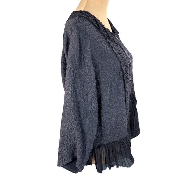 URU Black Floral Silk Long Sleeve Blouse Chiffon Trim Made in USA Lagenlook OSFM - Picture 3 of 7